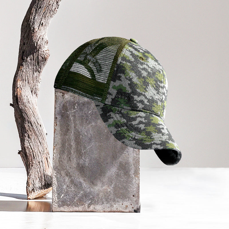 Presentational image of a mesh cap with a camo pattern