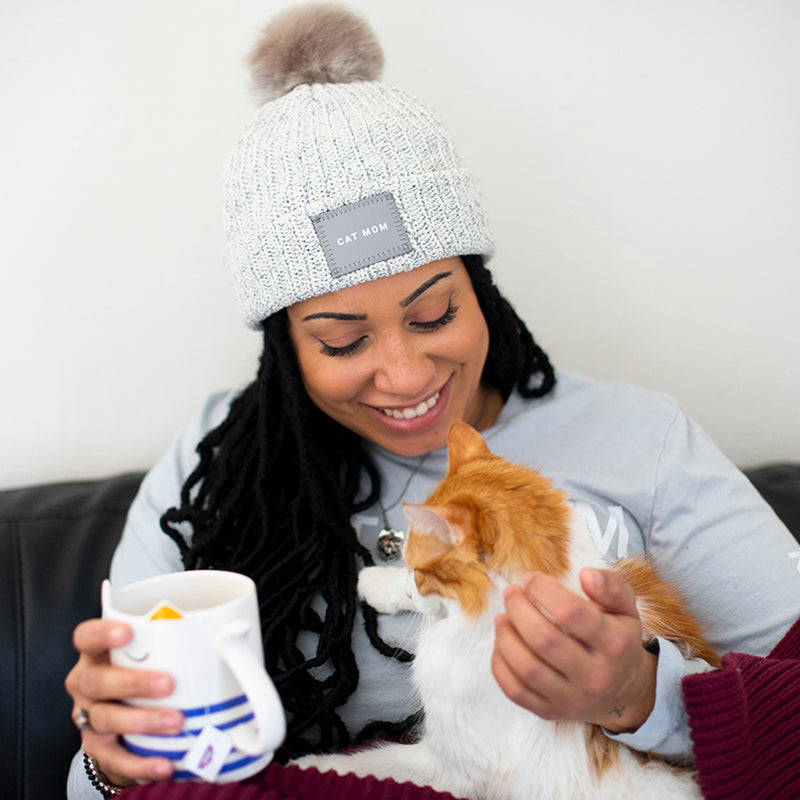 Cat Mom Gray Speckled Pom Beanie