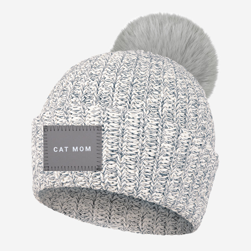 Cat Mom Gray Speckled Pom Beanie