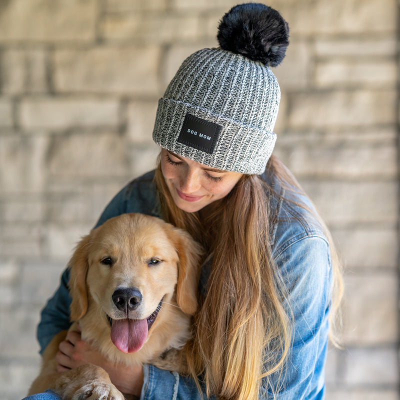 Dog Mom Black Speckled Pom Beanie
