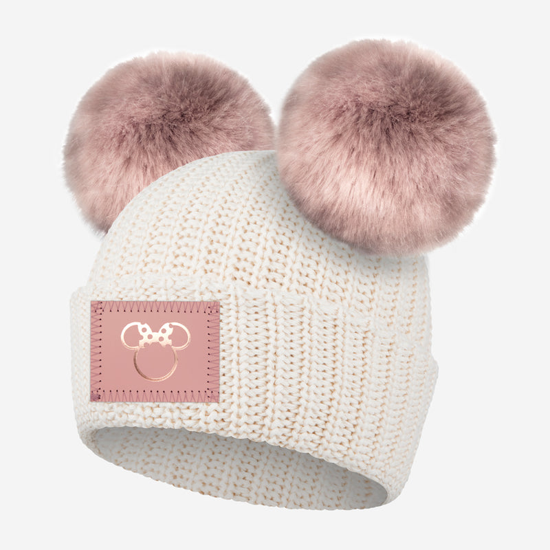 Minnie Mouse Kids Outline Rose Foil Natural Double Pom Beanie