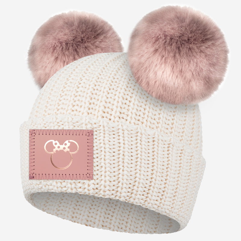 Minnie Mouse Outline Rose Foil Natural Double Pom Beanie